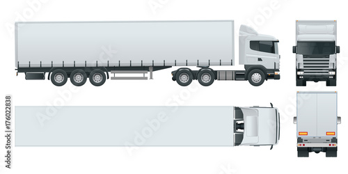 Truck trailer with container. Cargo delivering vehicle template vector isolated on white View front, rear, side, top. Car for the carriage of goods.