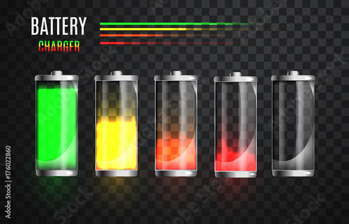 Charged and Discharged fully battery. Battery charge status. Charging process. Glass realistic power battery illustration on transparent background. Charge status. Vector