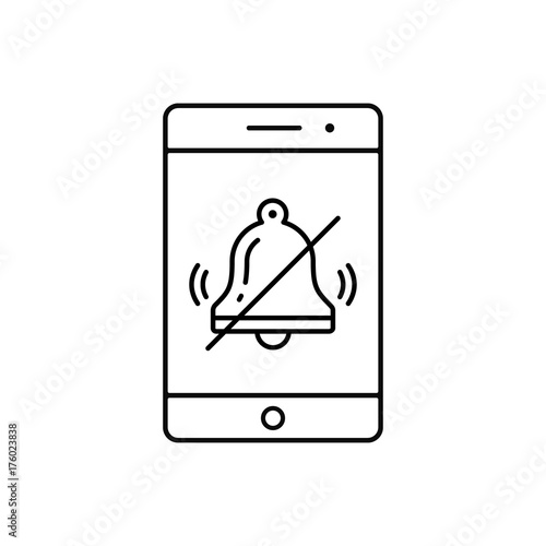 Turn off phone ringer line icon. No bell on smartphone monitor. Soundless mode. Vector outline illustration