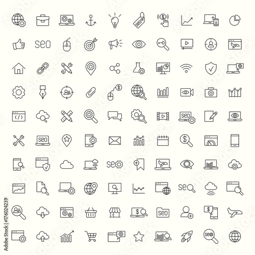 seo, developement, website optimization black line 100 icons set