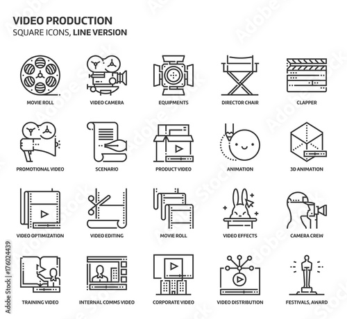 Video production, square icon set