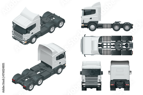 Truck tractor or semi-trailer truck. View front, rear, side, top and isometry front, back.. Cargo delivering vehicle template vector isolated on white