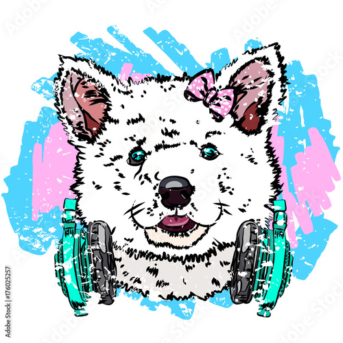 Puppy husky with headphones. Cute animal print for t-shirt. Vector illustration EPS 10.