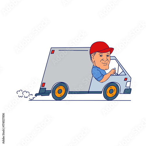 Delivery Man Driving Truck Van Cartoon