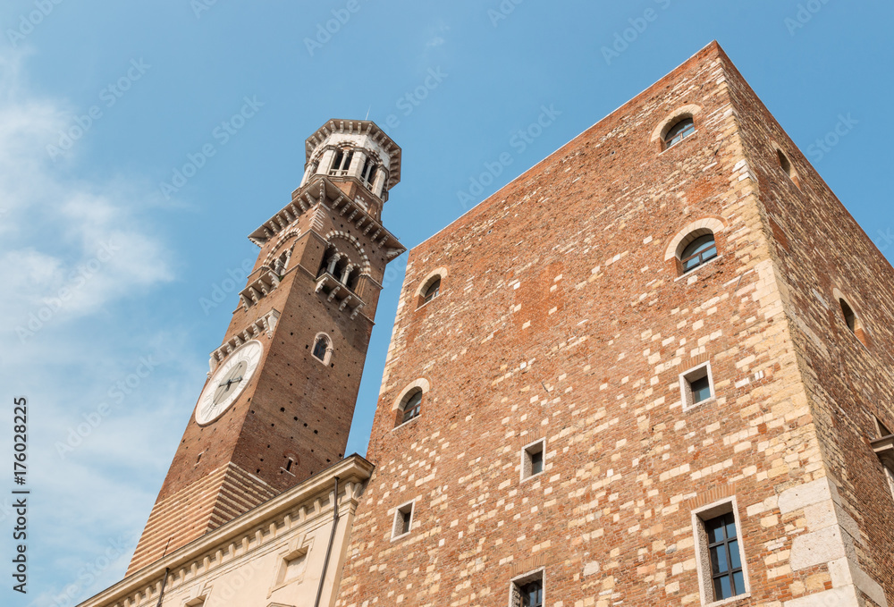 wide angle view of Torre dei Lamberti in Verona, Italy
