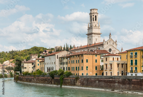 Adige river with Verona Cathedral and historic houses, Verona, Italy