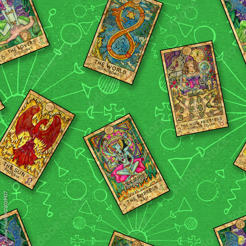 Seamless background with Tarot cards on green. Wicca and pagan concept