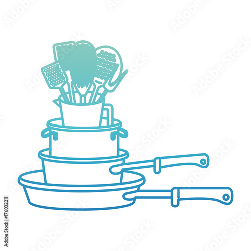 stewpan stack and kitchen utensils degraded blue color contour