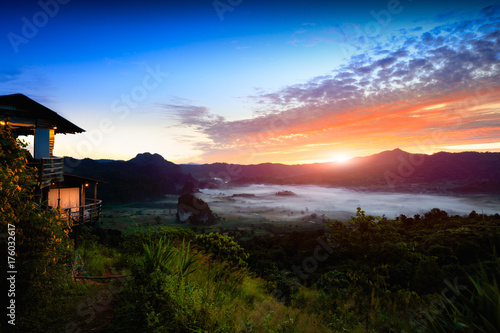 Phu Langka national park, The landscape of misty mountains and at sunrise, Phayao Northen Thailand