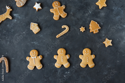 Gingerbread cookies on a gray background. Christmas cookies. Ginger men
