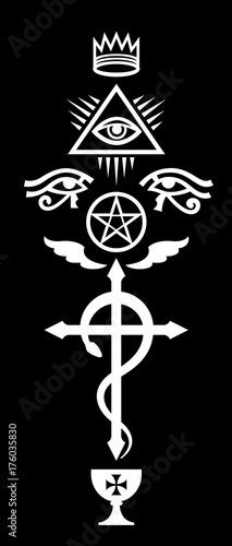 CRUX SERPENTINES: Crown, Eye of Providence, The Winged Serpent Cross, Black Pentagram and Holy Grail. (Mystical signs and Occult symbols of Illuminati and Freemasonry).
