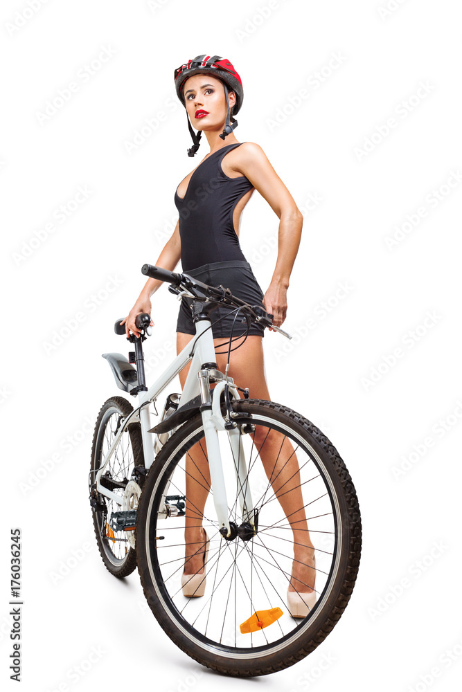 Fototapeta premium Woman with bicycle isolated on white
