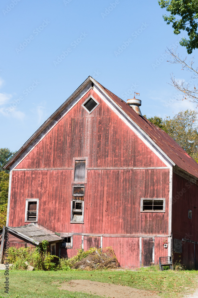 Fototapeta premium Old Red Barn in disrepair with a cow weather vane on its roof. Blue sky above barn provides copy space.