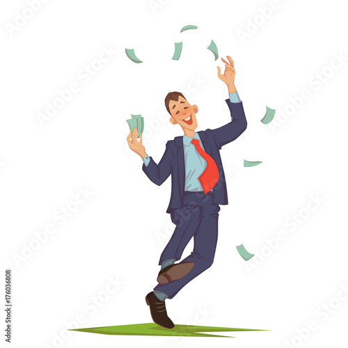 Vector illustration of happy careless businessman walking and throwing up cash. 