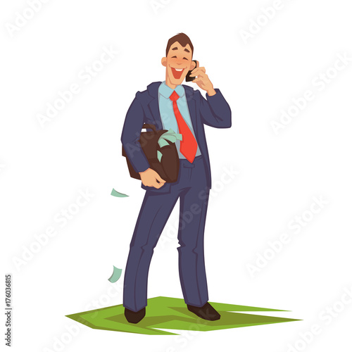 Vector illustration of happy careless businessman talking phone.
