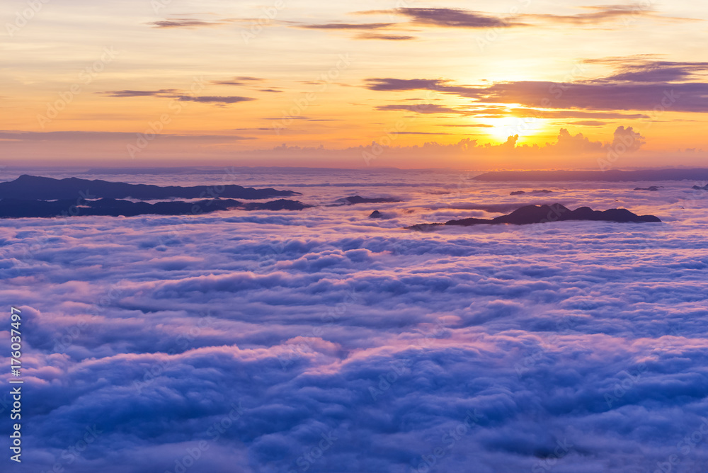 Sunrise and Sea of fog at pah nok ann at Phu Kradueng National Park , Loei Thailand