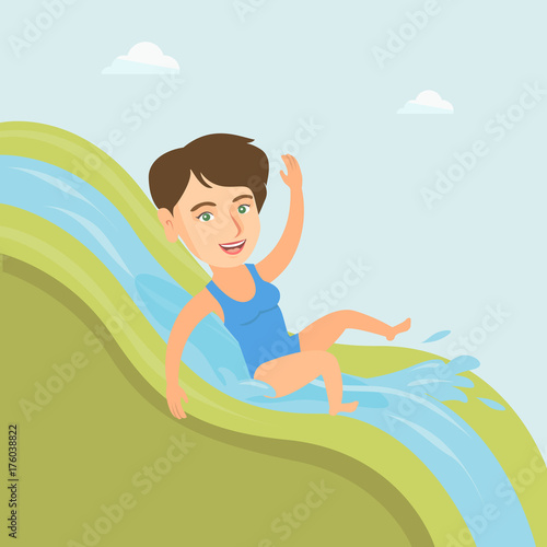 Young caucasian woman riding down a waterslide in aquapark. Happy woman having fun on a water slide in waterpark. Cheerful woman going down a water slide. Vector cartoon illustration. Square layout.