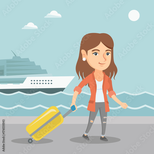 Young caucasian passenger walking on the background of cruise liner. Smiling happy passenger with a suitcase goes to a cruise liner along the station. Vector cartoon illustration. Square layout.
