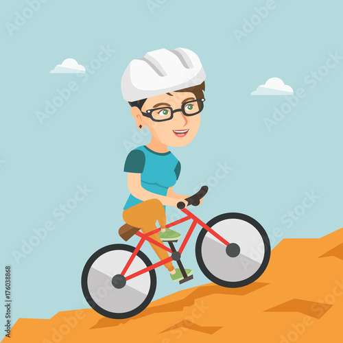 Happy caucasian traveler woman riding a mountain bike. Young smiling traveler woman in helmet traveling in the mountains on a mountain bicycle. Vector cartoon illustration. Square layout.