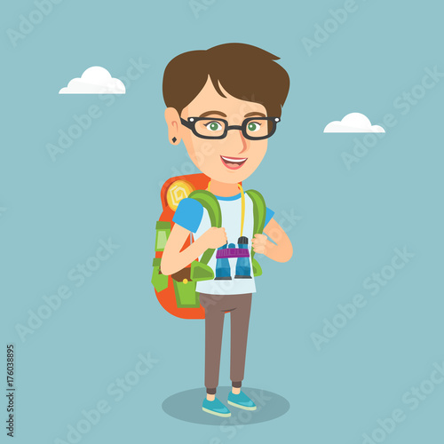 Young caucasian traveler woman standing with a backpack and binoculars. Smiling traveler woman enjoying her recreation time. Happy woman during summer trip. Vector cartoon illustration. Square layout.