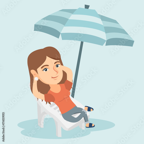 Young caucasian woman sitting on the chaise-longue under beach umbrella. Happy woman resting on the chaise-longue with folded arms behind her head. Vector cartoon illustration. Square layout.