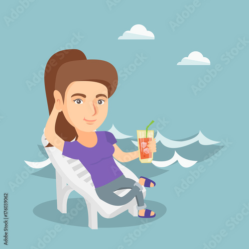 Young caucasian woman sitting on a chaise-longue on the beach. Happy smiling woman relaxing on a chaise-longue and drinking a cocktail on the beach. Vector cartoon illustration. Square layout.