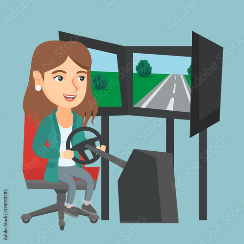 Excited caucasian woman playing video game with a gaming steering wheel. Woman driving a car simulator. Young cheerful woman playing car racing video game. Vector cartoon illustration. Square layout.