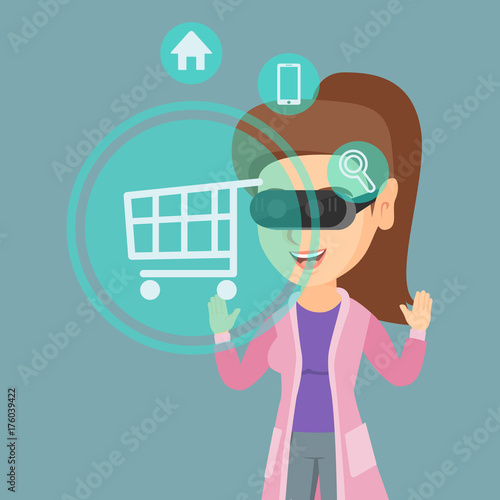 Young caucasian woman wearing virtual reality headset and looking at icon of shopping trolley. Concept of virtual reality, online shopping, e-commerce. Vector cartoon illustration. Square layout.