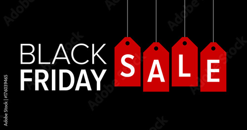 Black Friday sale promotional marketing banner / poster with red tags flat vector illustration