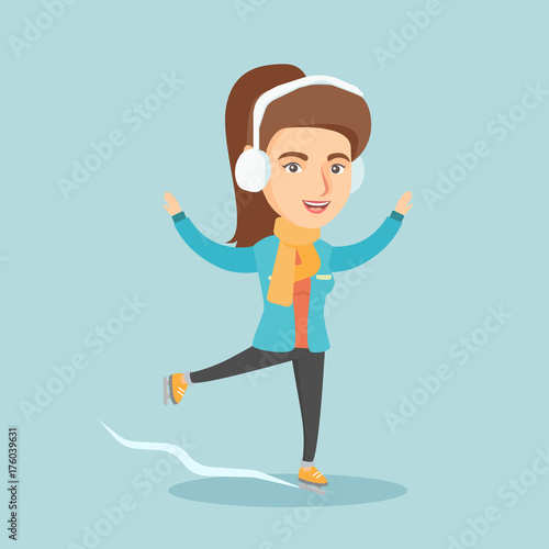 Happy caucasian woman ice skating. Young smiling woman ice skating outdoors. Excited woman posing at a skating rink. Concept of winter leisure activities. Vector cartoon illustration. Square layout.