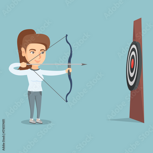 Young caucasian sportswoman aiming with a bow and arrow at the target. Concentrated sportswoman shooting an arrow during an archery competition. Vector cartoon illustration. Square layout.