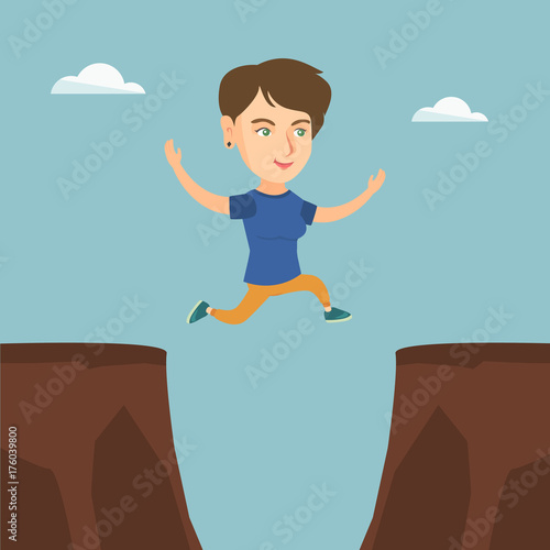 Young caucasian sportswoman jumping over rocks with a gap. Smiling woman jumping across the gap from one rock to another. Vector cartoon illustration. Square layout.