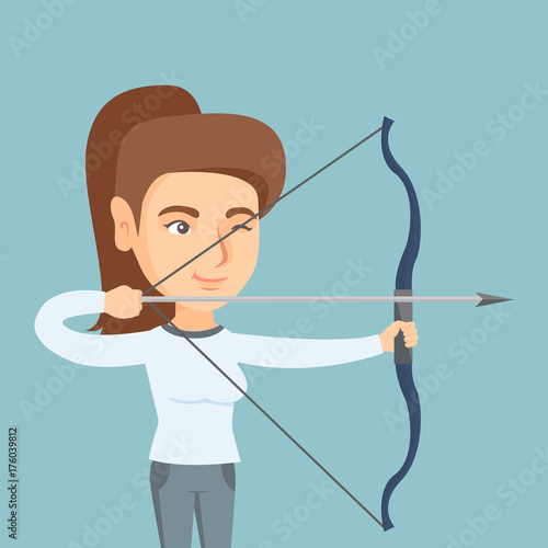Young caucasian sportswoman practicing in archery. Concentrated archery player aiming with a bow and an arrow. Sport and leisure concept. Vector cartoon illustration. Square layout.
