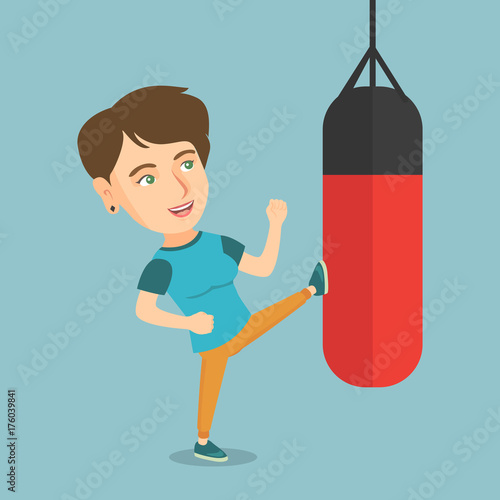 Smiling caucasian boxer woman exercising with a boxing bag. Kickbox fighter hitting a heavy bag during training. Young boxer training with a punch bag. Vector cartoon illustration. Square layout.