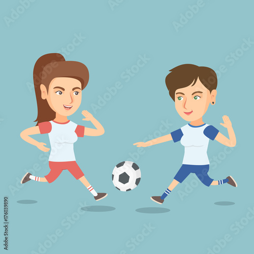 Two caucasian sportswomen playing football. Young football players fighting over the control of a ball during a football match. Sport and leisure concept. Vector cartoon illustration. Square layout.