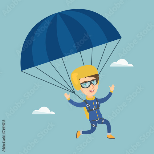 Caucasian skydiver flying with a parachute. Young happy skydiver descending with a parachute in the sky. Sport and leisure activity concept. Vector cartoon illustration. Square layout.