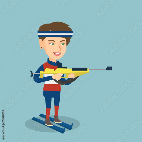 Young caucasian biathlon runner holding a weapon and aiming at the target. Sportswoman taking part in ski biathlon competition. Winter sport concept. Vector cartoon illustration. Square layout.