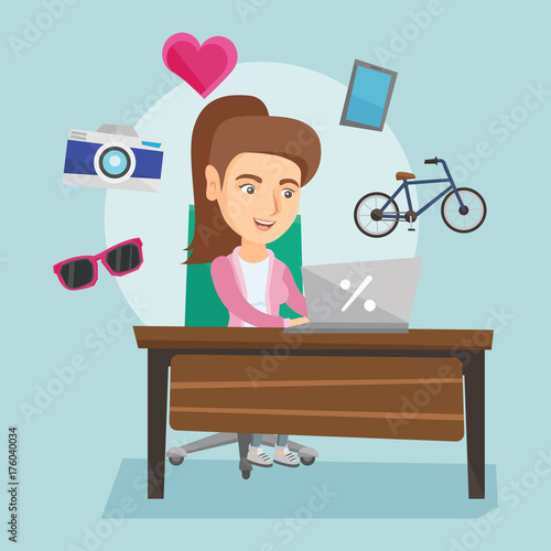 Young caucasian woman sitting in front of laptop and images of goods flying around her. Happy woman doing online shopping. Woman buying purchases online. Vector cartoon illustration. Square layout.