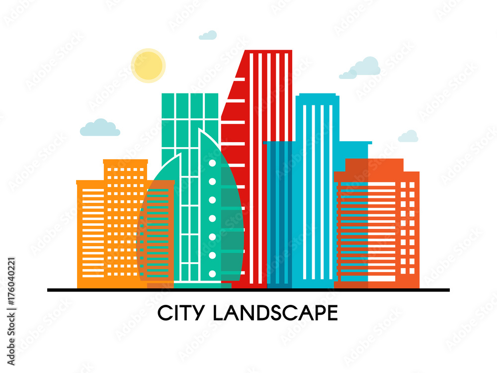 Abstract colorful vector poster whith transparent building city illustration on white background. Eps 10 vector.
