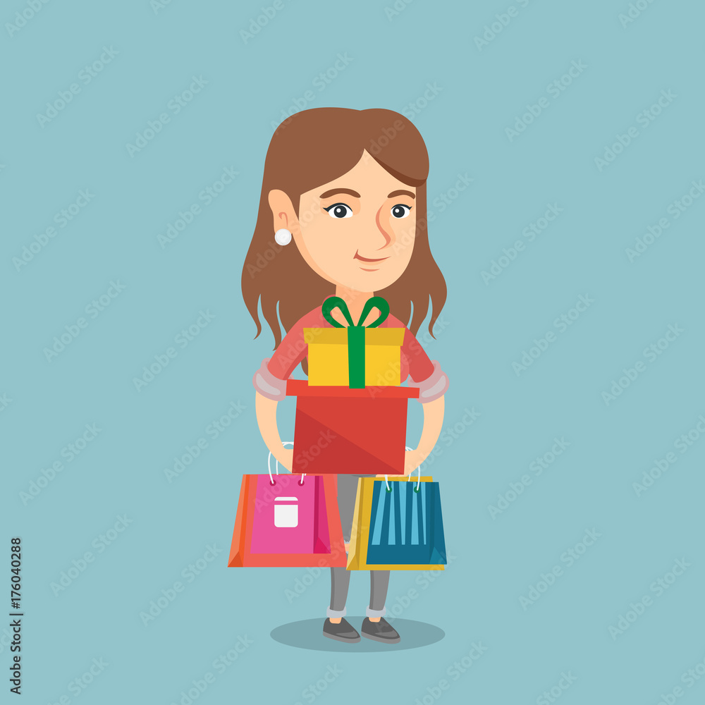 Caucasian woman holding shopping bags and gift boxes. Young woman carrying shopping bags and gift boxes. Full length of woman standing with shopping bags. Vector cartoon illustration. Square layout. Caucasian woman holding shopping bags and gift boxes. Young woman carrying shopping bags and gift boxes. Full length of woman standing with shopping bags. Vector cartoon illustration. Square layout.
