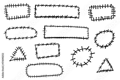 Hand Draw Sketch of Patch and Stitching Effect, isolated on white