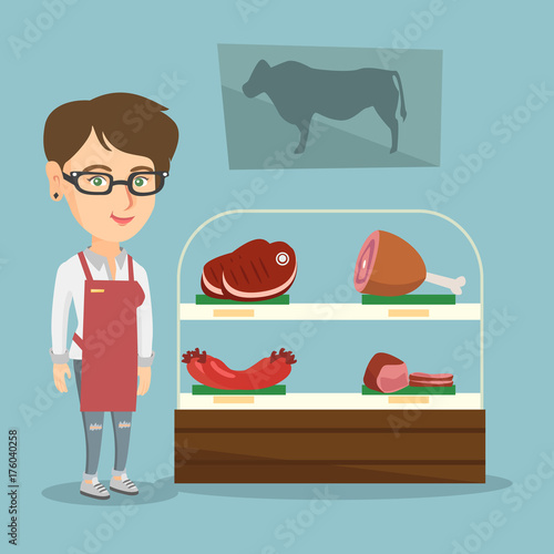 Young caucasian saleswoman offering fresh meat in the butcher shop. Smiling butcher standing on the background of the showcase of butcher shop. Vector cartoon illustration. Square layout.