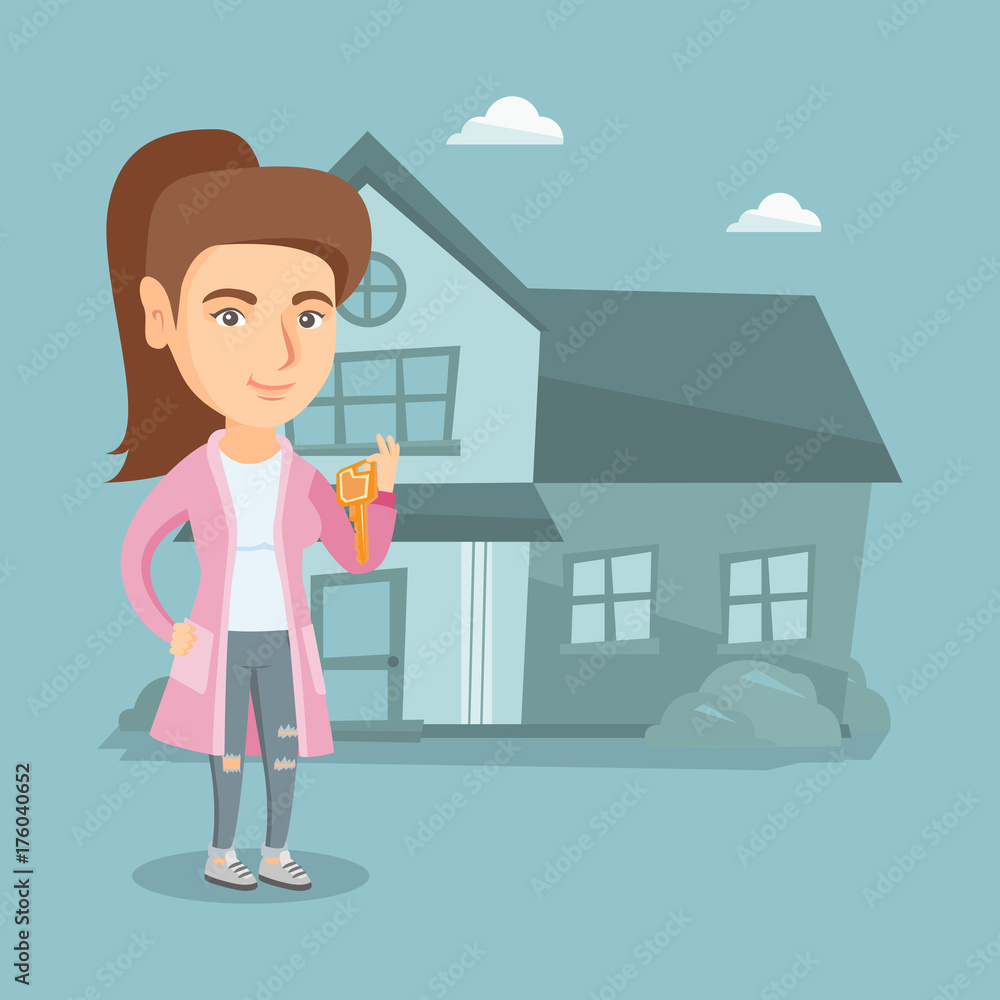 Happy caucasian homeowner showing key to a new house. Young smiling real estate agent with key standing on the background of house. Vector cartoon illustration. Square layout. Happy caucasian homeowner showing key to a new house. Young smiling real estate agent with key standing on the background of house. Vector cartoon illustration. Square layout.
