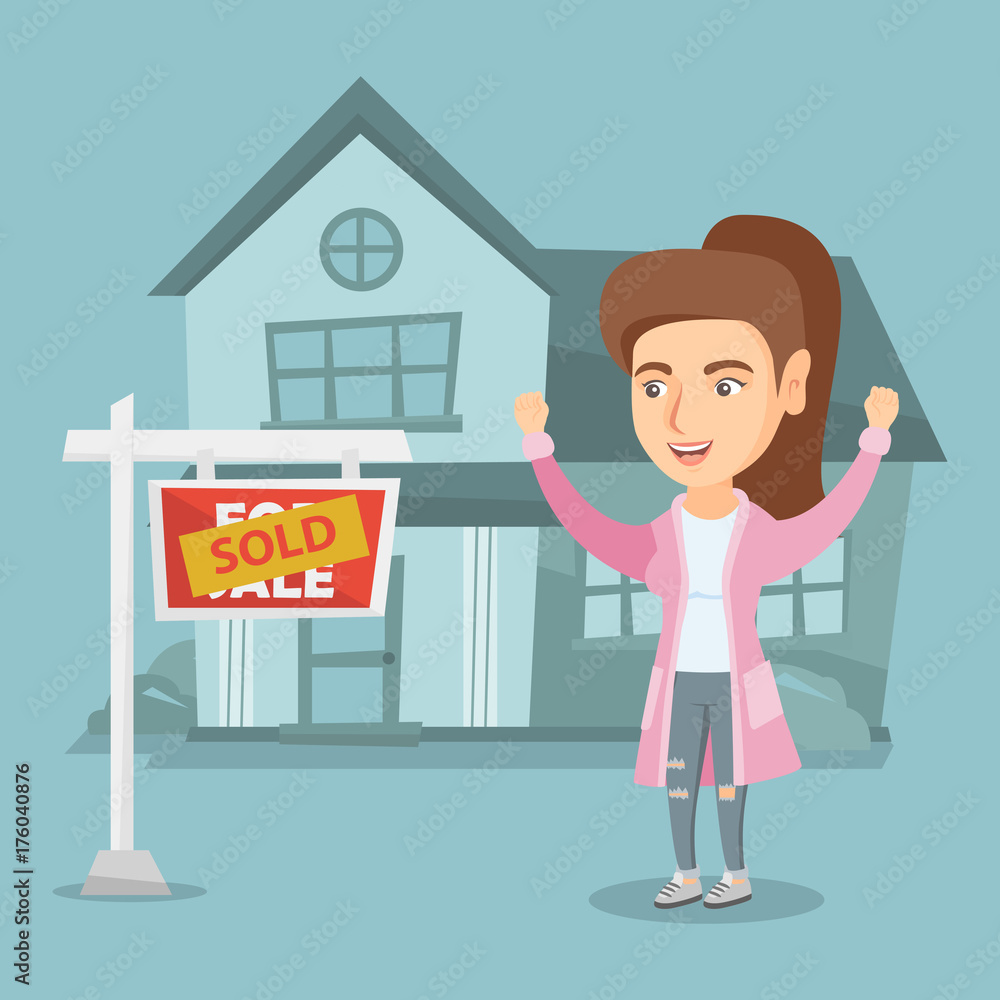 Excited caucasian real estate agent standing in front of sold real estate placard and house. Full length of young happy real estate agent who sold a house. Vector cartoon illustration. Square layout. Excited caucasian real estate agent standing in front of sold real estate placard and house. Full length of young happy real estate agent who sold a house. Vector cartoon illustration. Square layout.