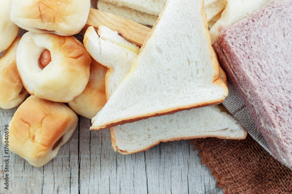 Many breads on wooden. Many breads on wooden.