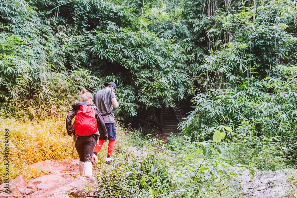 Two foreigners are hiking in Kho Yai national park .Foreign tourists are walking in the forest. Two foreigners are hiking in Kho Yai national park .Foreign tourists are walking in the forest.