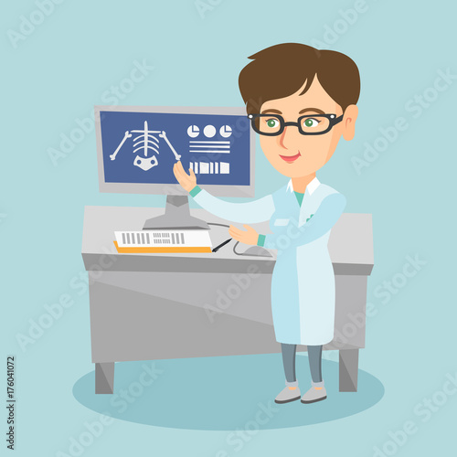 Young caucasian radiologist doctor in a medical gown examining a skeleton radiograph. Radiologist doctor looking at a chest radiograph on a computer screen. Vector cartoon illustration. Square layout.