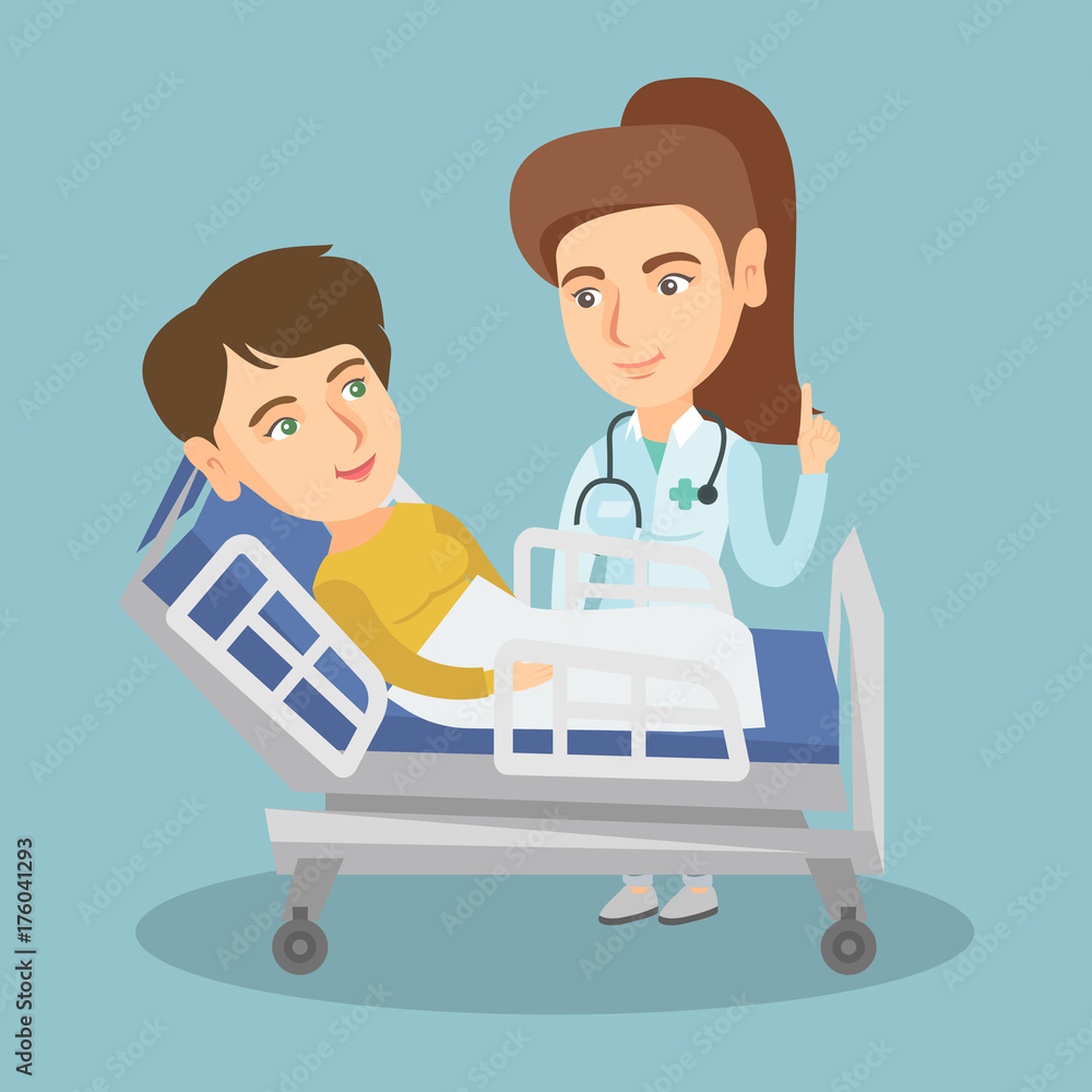 Young doctor visiting a patient in a hospital room. Doctor pointing finger up during consultation with a patient who lying on a hospital bed. Vector cartoon illustration. Square layout.