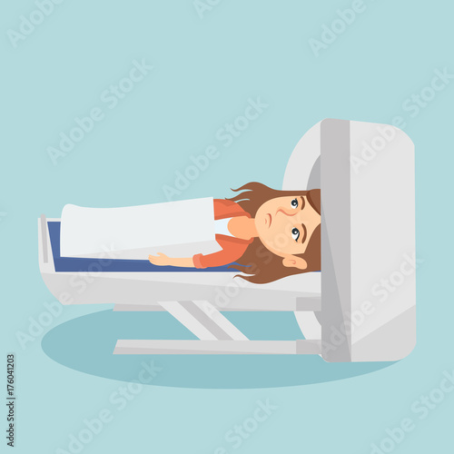 Young caucasian woman undergoes a magnetic resonance imaging scan test. Magnetic resonance imaging machine scanning a frightened patient. Vector cartoon illustration. Square layout.
