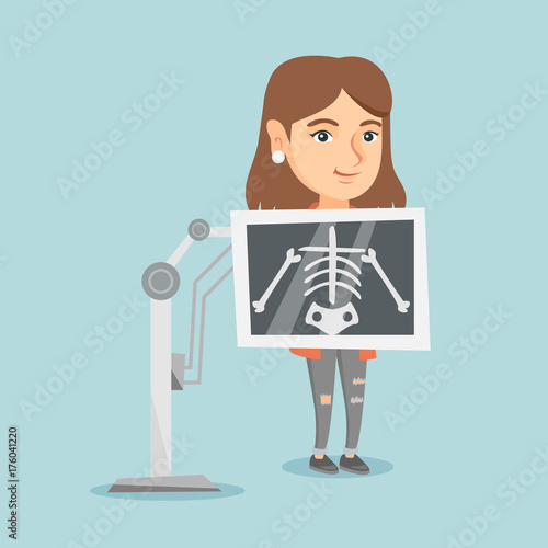 Young caucasian woman during chest x ray procedure. Smiling woman with a x ray screen showing her skeleton. Happy female patient visiting a roentgenologist. Vector cartoon illustration. Square layout.